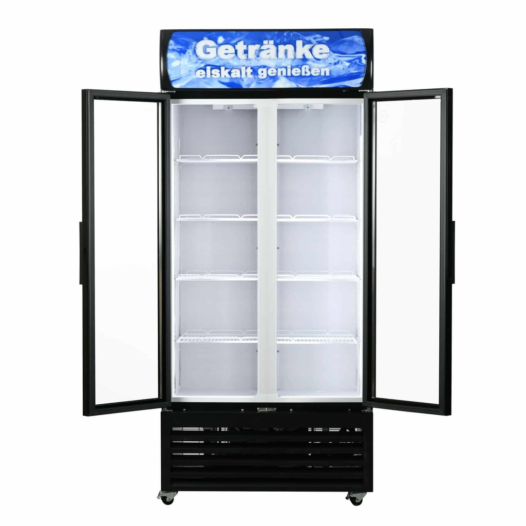 Large Beverage Refrigerator for Supermarkets - With Two Doors, 4 Wheels, LED, Advertisement Display - GCDC600