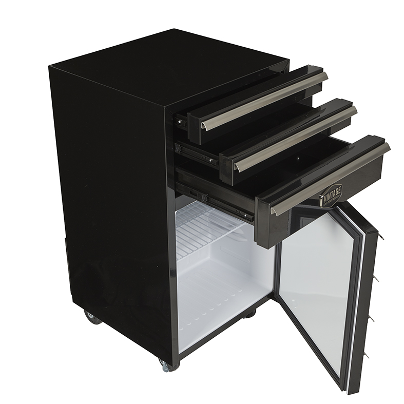 Mobiler Werkzeugwagen Kühlschrank - Industriedesign Minibar 50L mit Schubladen und Rädern - Schwarz - Design Kühlschrank für Werkstatt, Garage und Man Cave