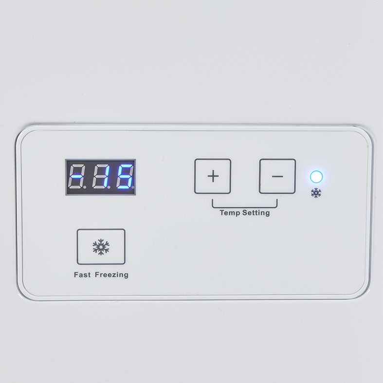 Detalle del termostato digital y los botones de control de temperatura del congelador dual Gastro-Cool.