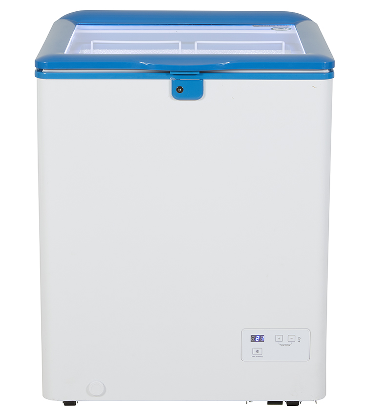 Arcón congelador comercial blanco y azul de 110 litros con tapa de cristal cerrada