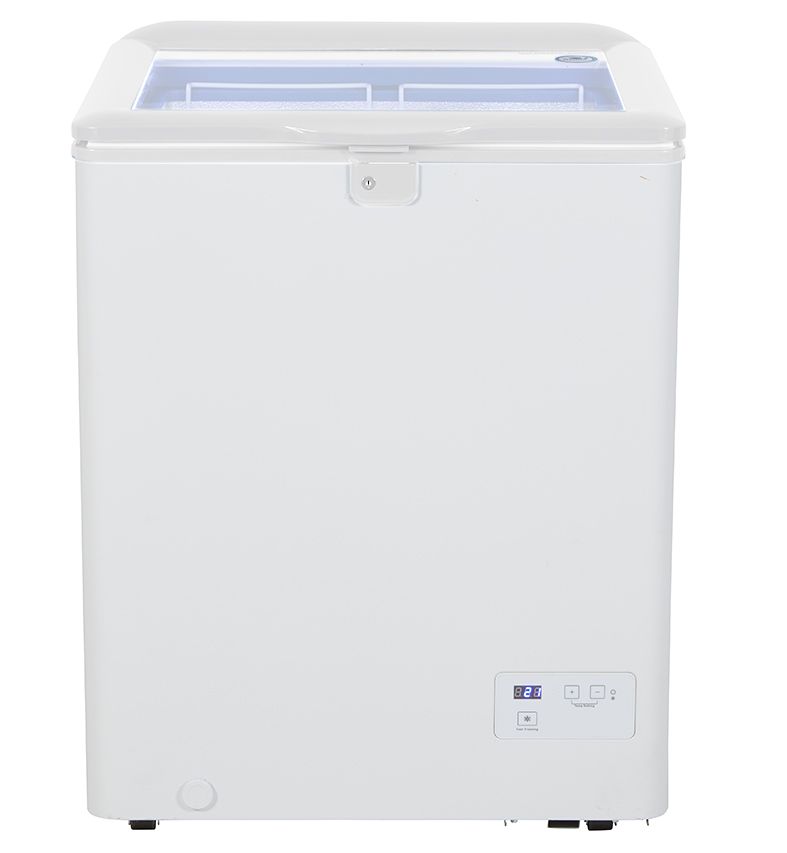 Arcón congelador blanco comercial Gastro-Cool GCFC100 de 110L en color blanco con marco azul y tapa de cristal